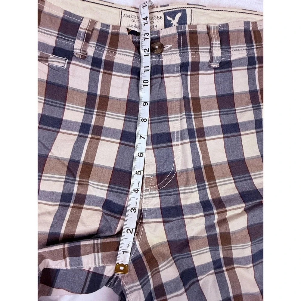 American Eagle Plaid Shorts Mens 36 Brown Blue Flat Front Casual Preppy Chino